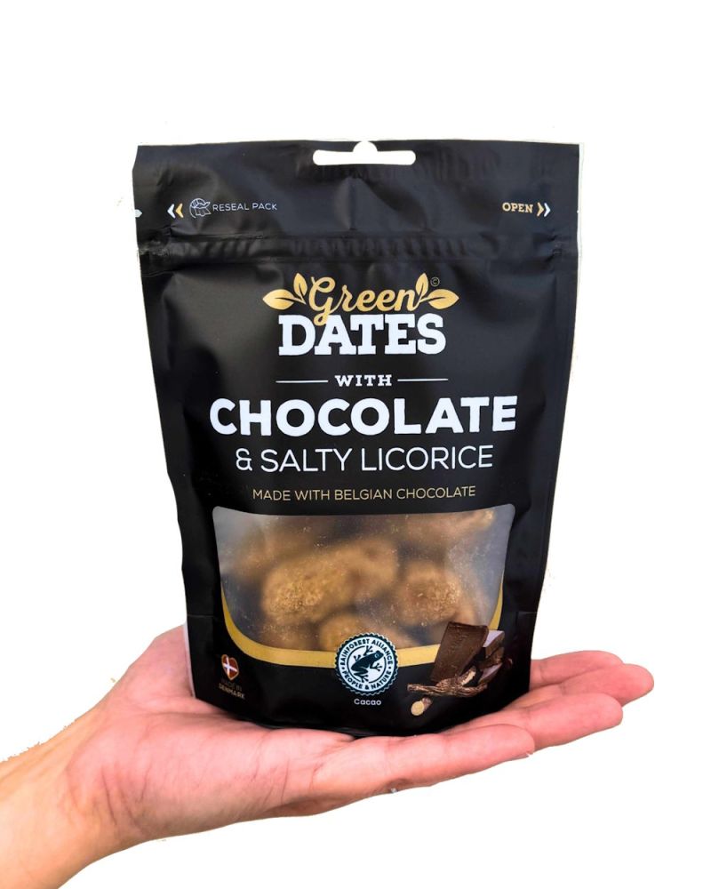 Green Dates Belgian Chocolate & Salty Licorice - Datteln mit Vollmilchschokolade und Salzlakritz 120