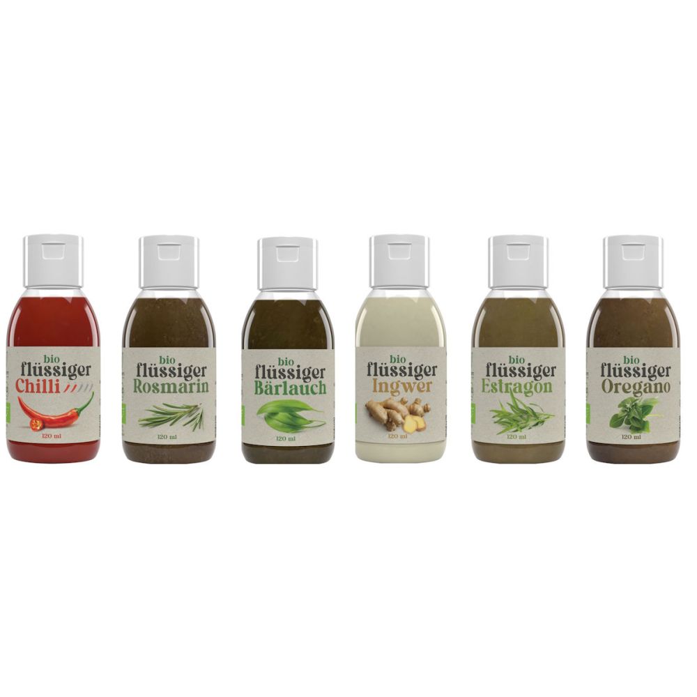 Northern Greens - Flüssige Bio Kräuter” Set 6 x 120ml, bestehend aus Chili, Bärlauch, Ingwer, Rosmar