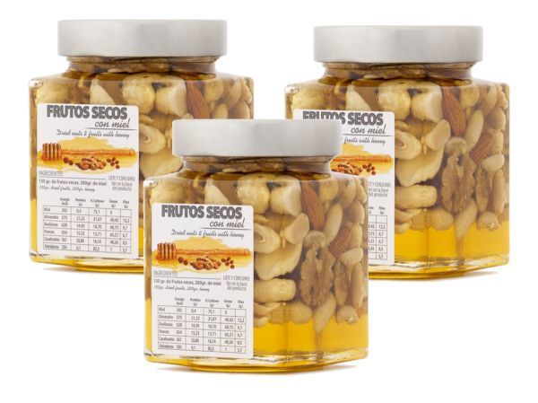 In spanischen Honig eingelegte Nussmischung - einzigartiges Produkt mit tollem Geschmack - 3 x 450 g