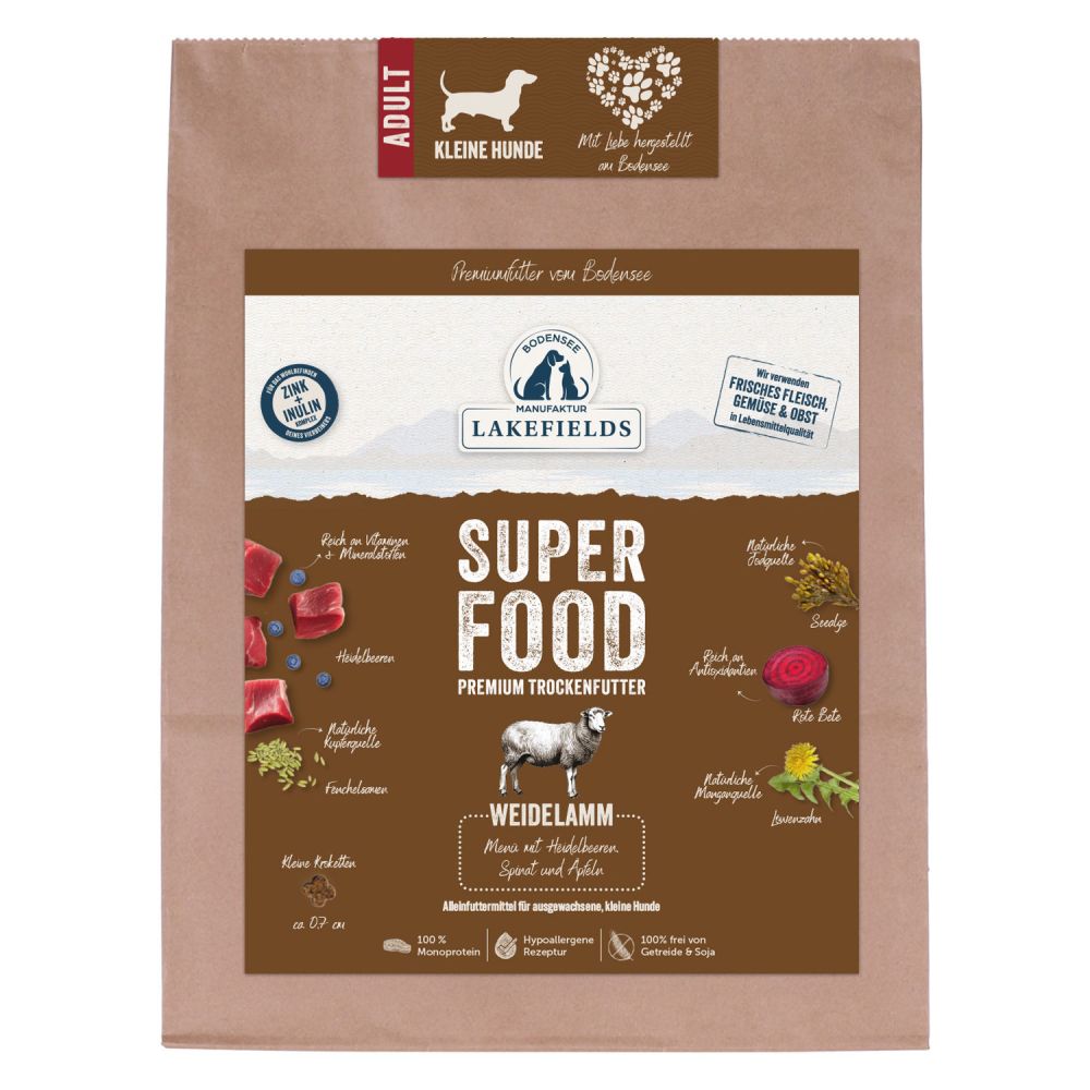 LAKEFIELDS MANUFAKTUR - SUPERFOOD - Premium Hundefutter trocken, Lamm 61% für kleine ausgewachsene H