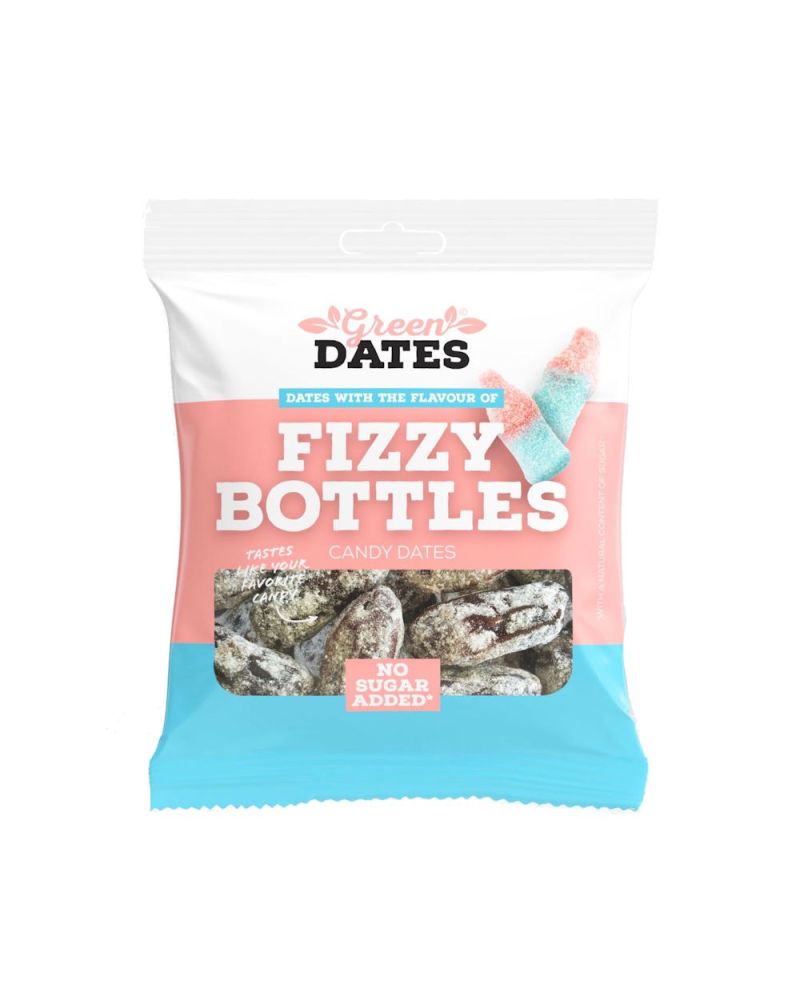 Green Dates Fizzy Bottles - Datteln mit saurem Gaugummi-Fruchtgummi-Geschmack - 90g