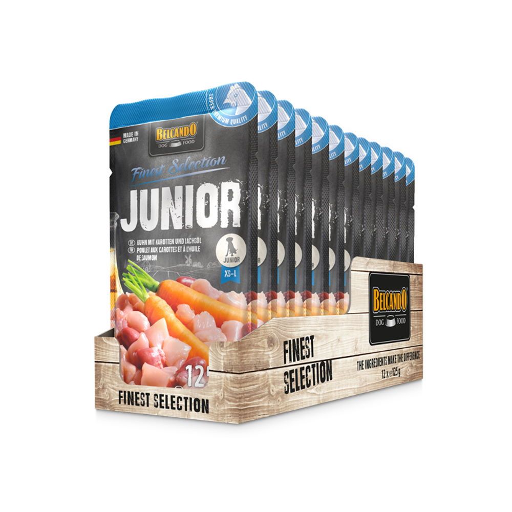 Belcando Frischebeutel [12x125g Junior Huhn mit Karotten| Nassfutter für Hunde | Feuchtfutter Allein