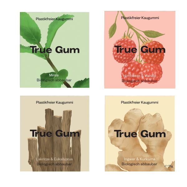 True Gum - Plastikfreie Kaugummi - Probierset -4 Sorten-100% Biologisch abbaubar