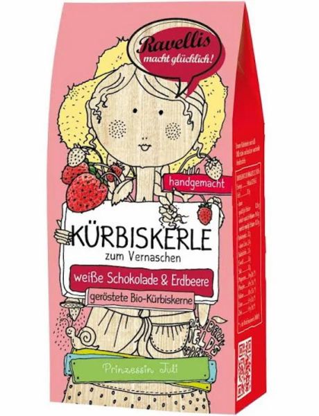 Ravellis Kürbiskerne in weißer Schokolade mit Erdbeere (80 g) - Bio