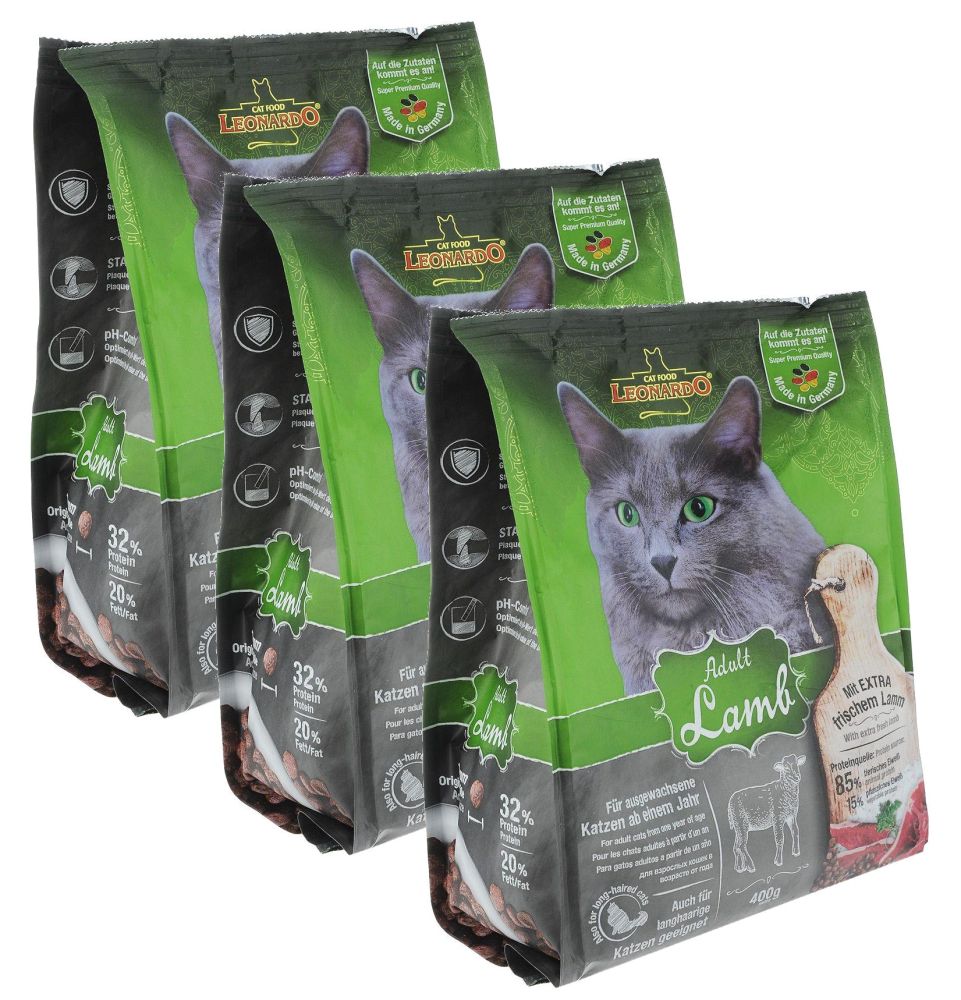 Katzen Trockenfutter - 3x Adult Lamb mit Lamm und Reis 400g - Leonardo Katzenfutter -leichtverdaulich